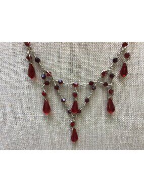 Vintage Red Crystal Drop Necklace With Silver Wire Wrap And Elegant Bib Design C